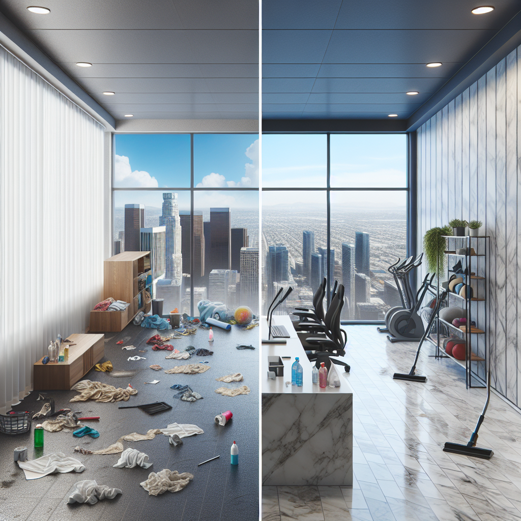 A side-by-side comparison illustrating Recurring Cleaning vs One-Time Deep Cleaning showing a messy modern office space transformed into a spotless, professionally cleaned work environment