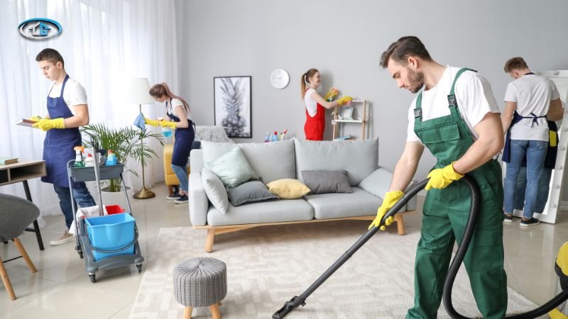 A group of people engaged in monthly cleaning of a living room, organizing furniture and dusting surfaces.