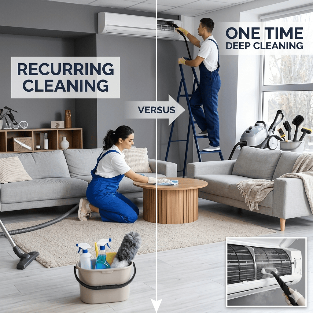 A detailed comparison of Recurring Cleaning vs One Time Deep Cleaning, showing two professional cleaners in a living room with specialized equipment and a split-screen illustration.